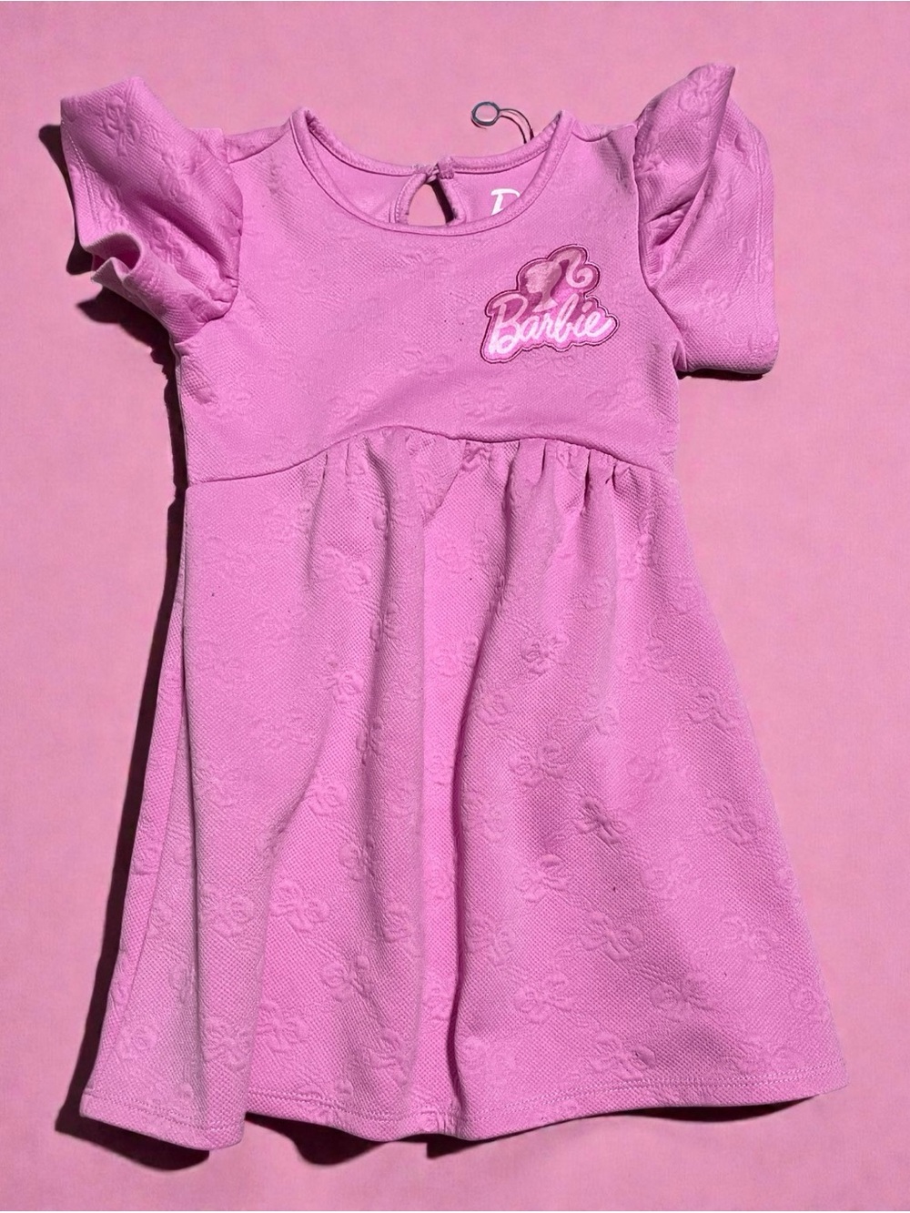 Barbie Pink Embroidered Logo Puff-Sleeve Dress